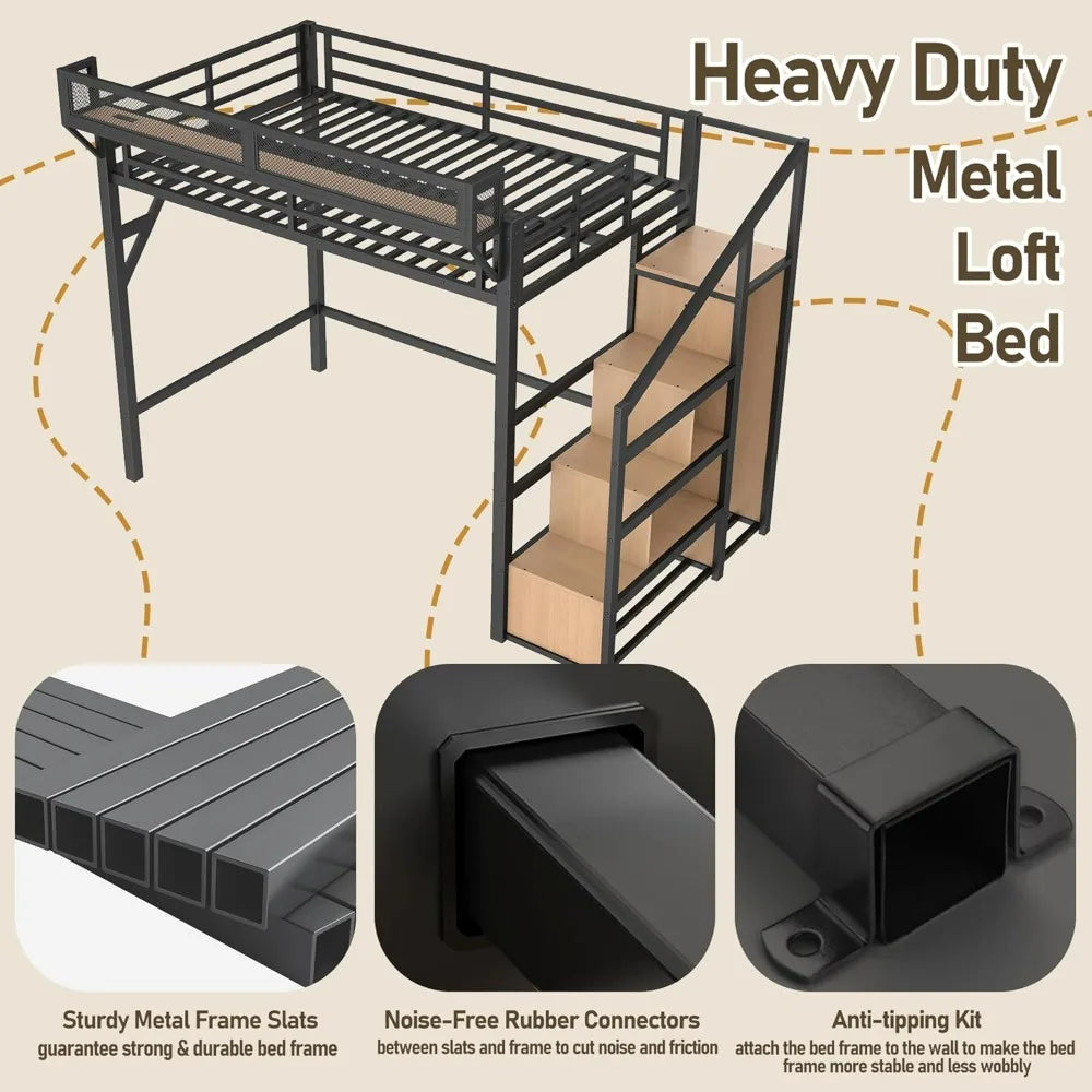 XMSJ Metal Loft Bed With Storage Stairs USBPorts Frame