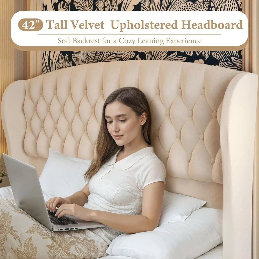 XMSJ Velvet Sleigh Bed Frame Modern Style Metal Design