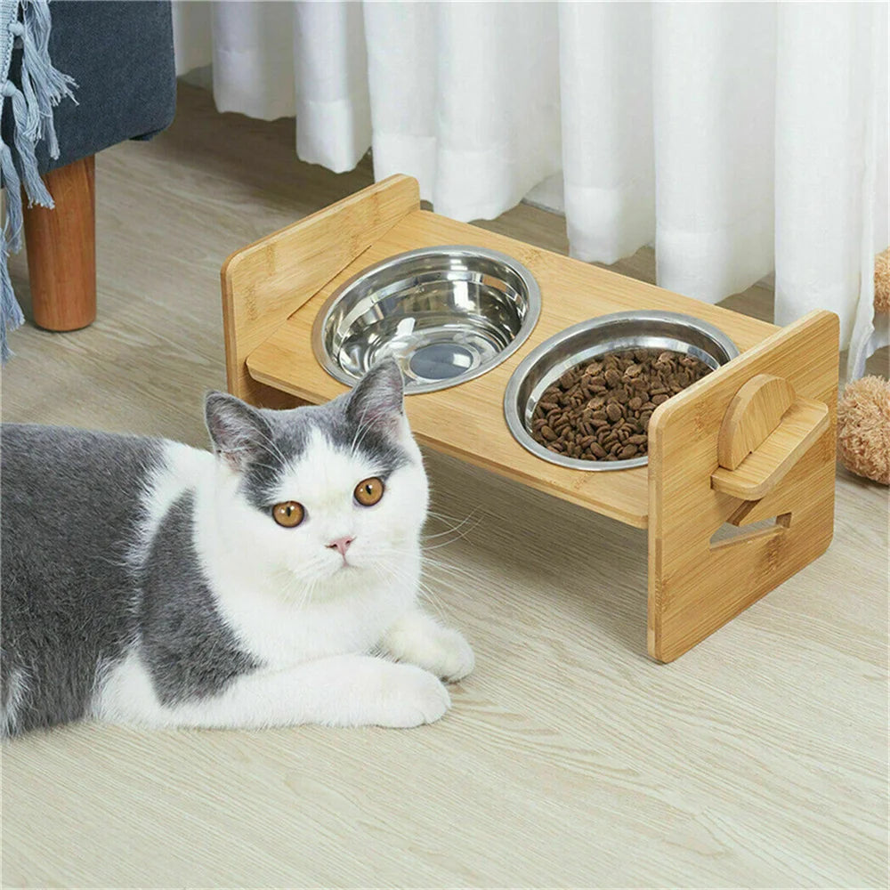 Adjustable Bamboo Elevated Dog Bowl Stand With 2 Bowls