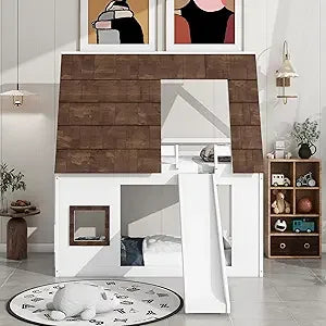 MKDK Kids House Bunk Bed With Tent Guardrail Slide