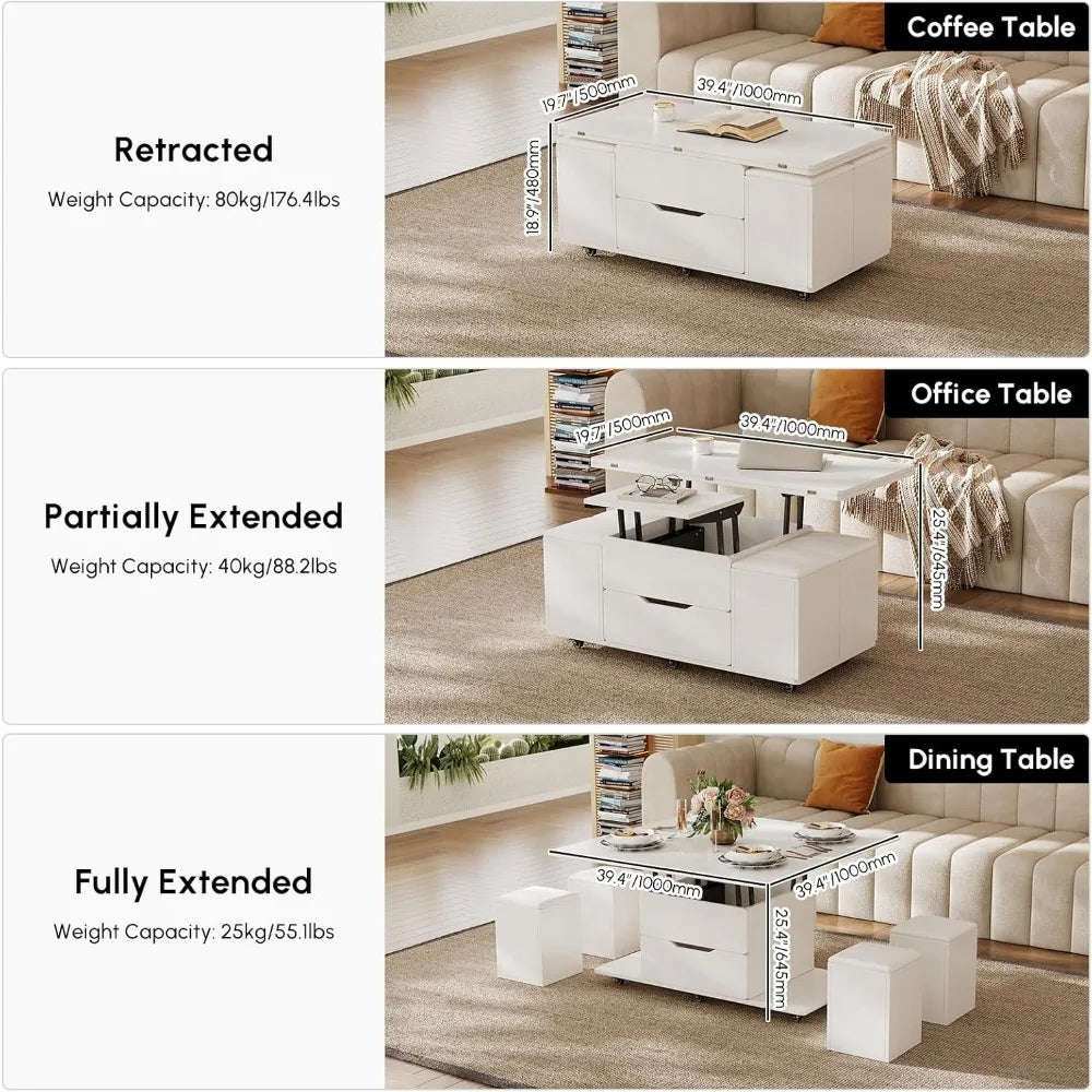 White Lift Top Coffee Table with Hidden Storage and 4 Stools Modern Multi-Function Folding Center Table on Casters