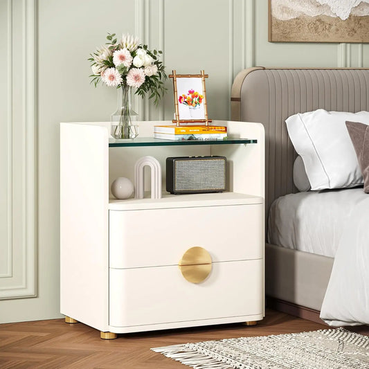 Modern White Nightstand With 2 Drawers And Shelf For Bedroom