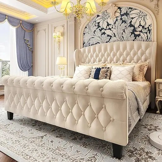 XMSJ Velvet Sleigh Bed Frame Modern Style Metal Design