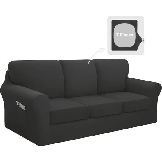 7 Piece Stretch Sofa Cover Set Large Dark Grey Anti Slip
