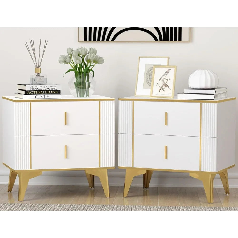 White Gold Wood Nightstand Set Of Two With Two Drawers