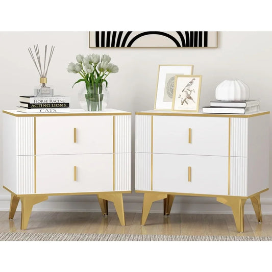 White Gold Wood Nightstand Set Of Two With Two Drawers