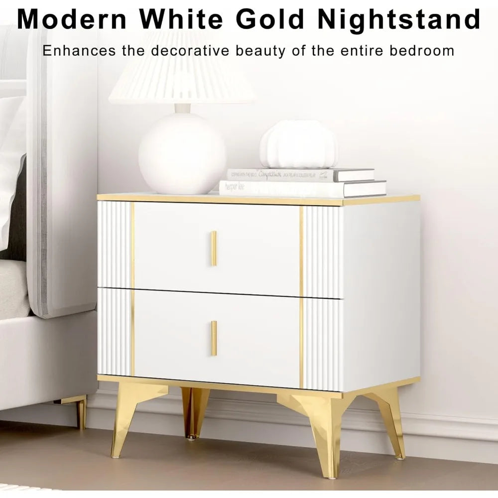 White Gold Wood Nightstand Set Of Two With Two Drawers
