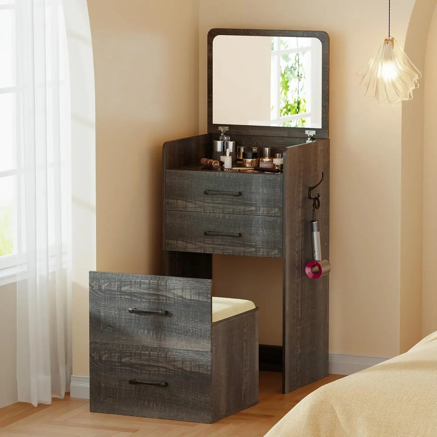 3 in 1 Flip Top Vanity Desk With Mirror And Drawers