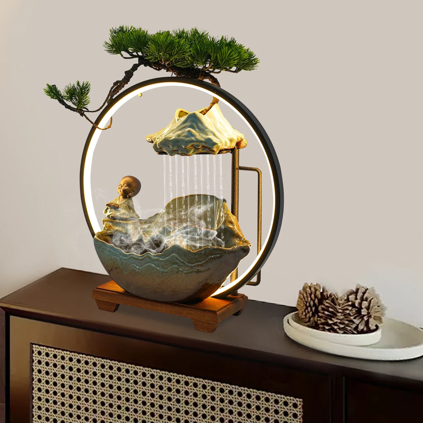 Modern Ceramic And Wood Tabletop Zen Water Fountain Desktop