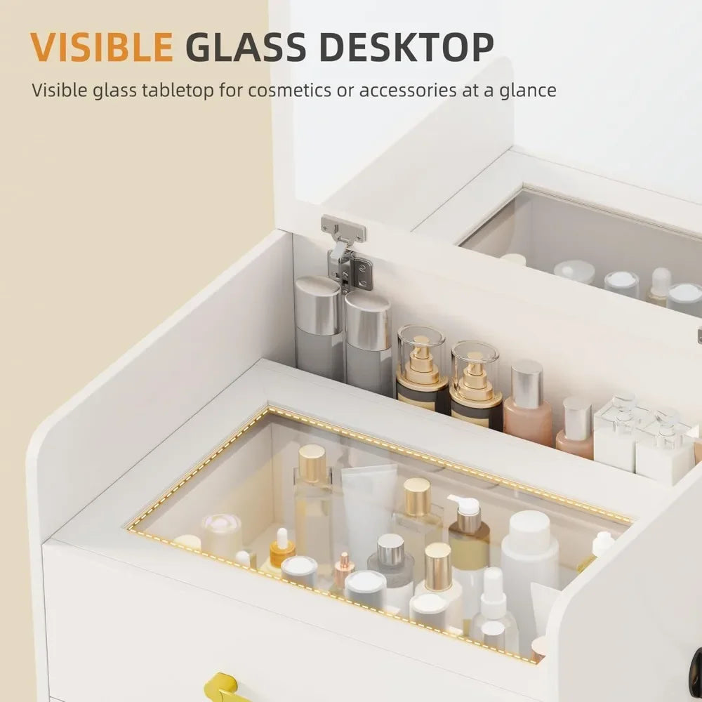 3 in 1 Flip Top Vanity Desk With Mirror And Drawers