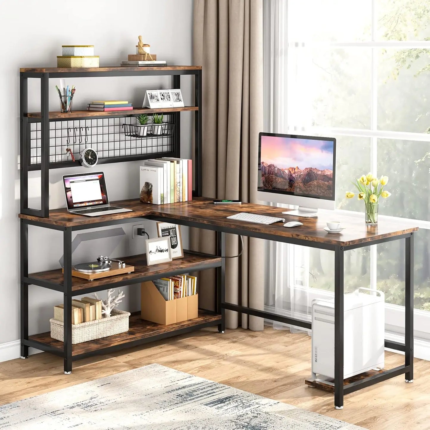 55 Inch L Shape Computer Desk With Hutch And Wireless