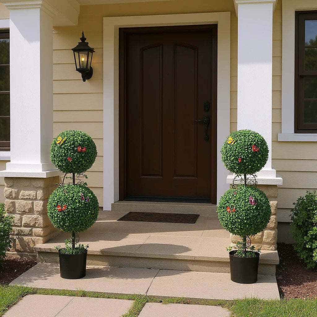 TWISTER.CKCN Artificial Double Ball Topiary Trees With Vines Insects Decor For Home Offices Porch Set Of 2