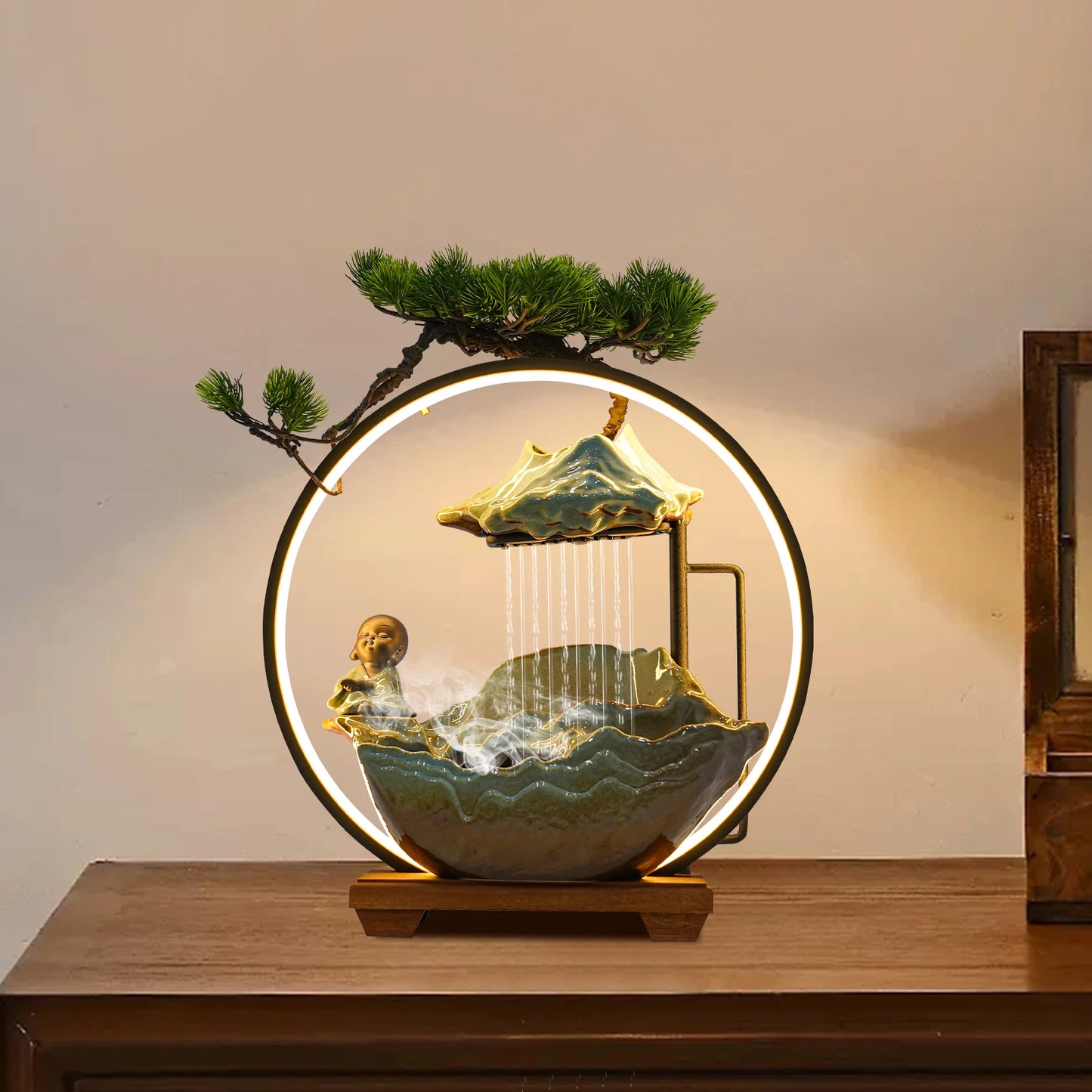 Modern Ceramic And Wood Tabletop Zen Water Fountain Desktop