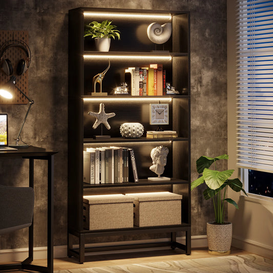 Tribesigns Tall Black Bookshelf 70.8 Inch Large Bookcase Organizer with LED Lights Heavy Duty Library Bookcase