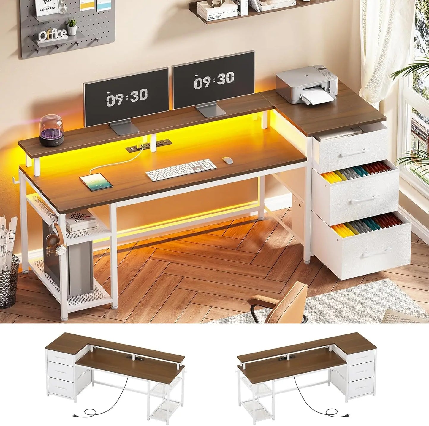 ZHUXIANG Computer Desk With Storage And LED Lighting