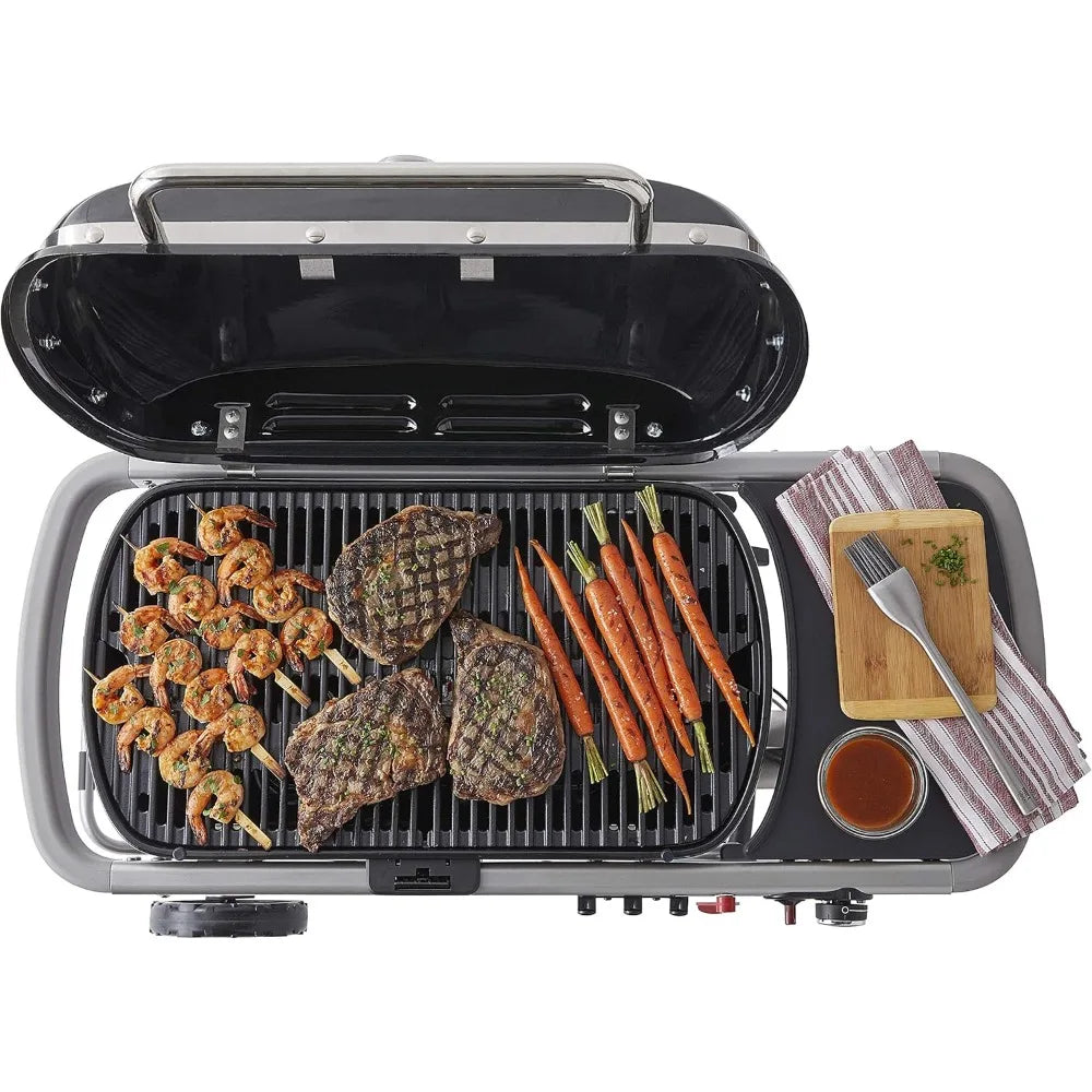 Traveler Portable Gas Grill With Enameled Cast Iron Cooking Grate For On The Go Grilling