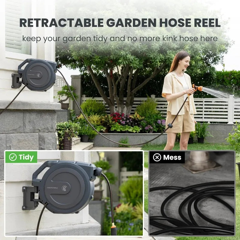 Auto Rewind Garden Hose Reel Wall Mount Locking System