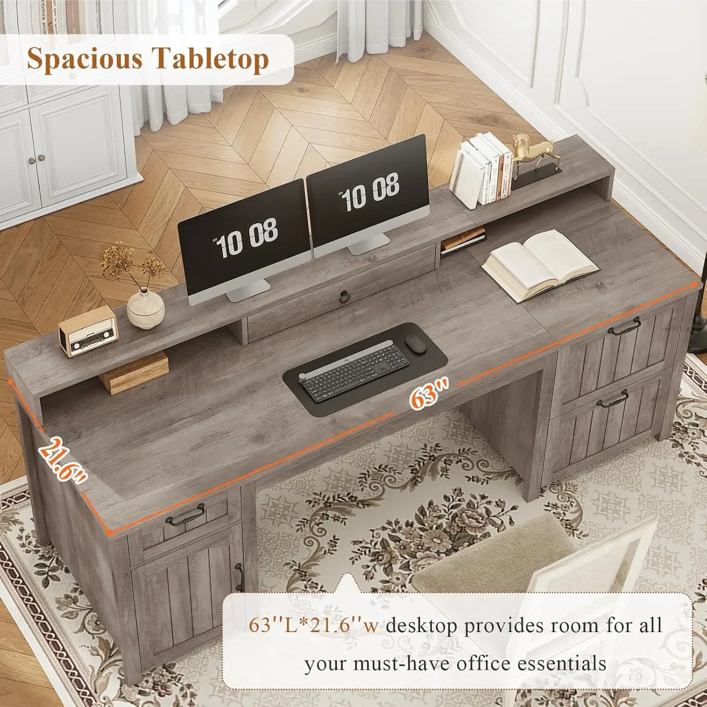 Farmhouse 63 Inch Executive L Shape Desk With Storage