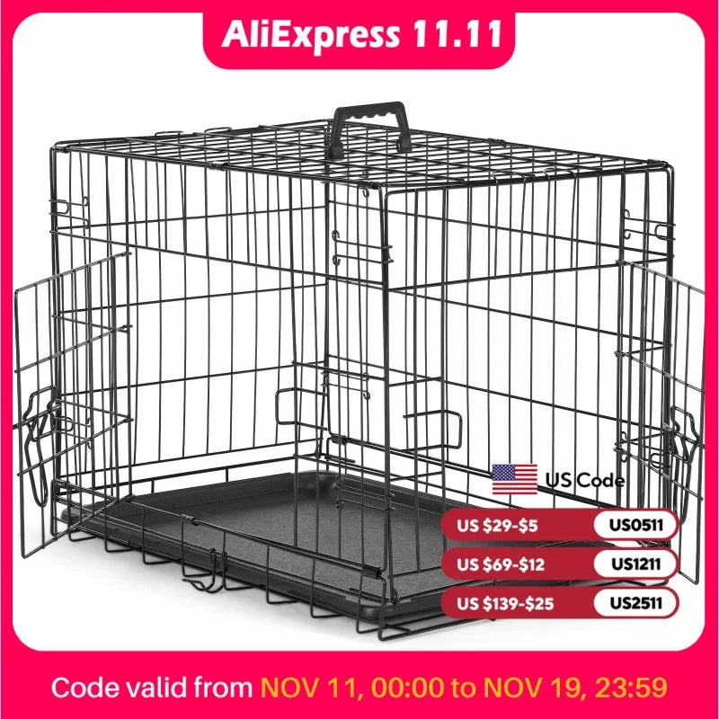 JHK Double Door Folding Metal Wire Dog Cage Travel