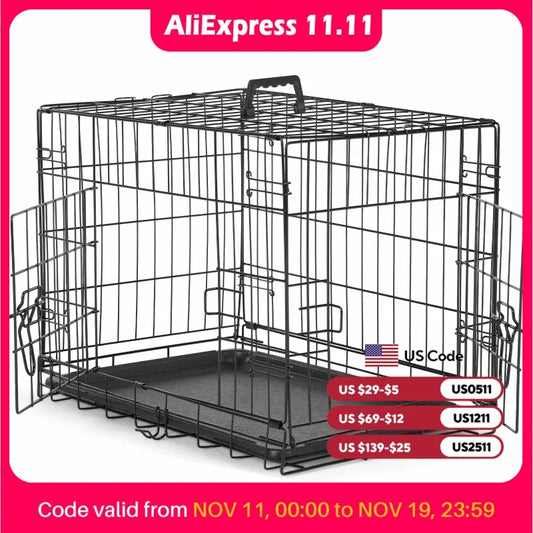 JHK Double Door Folding Metal Wire Dog Cage Travel