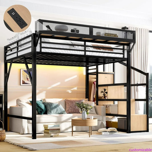 XMSJ Metal Loft Bed With Storage Stairs USBPorts Frame