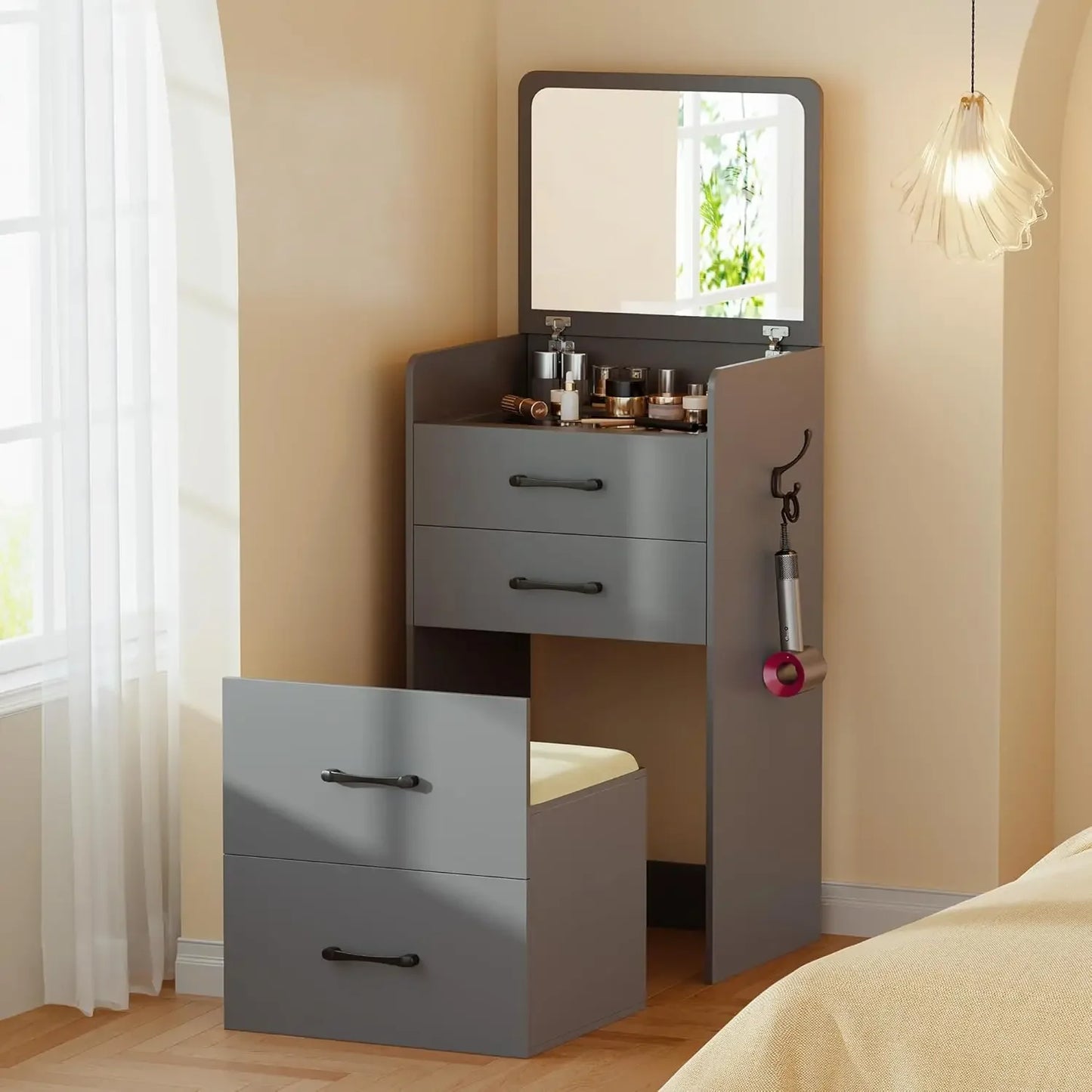 3 in 1 Flip Top Vanity Desk With Mirror And Drawers