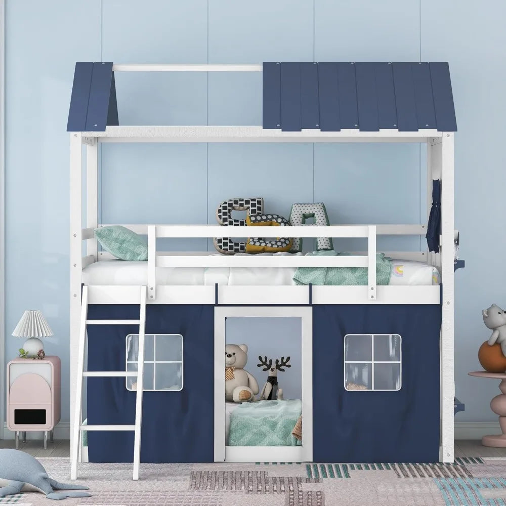 MKDK Kids House Bunk Bed With Tent Guardrail Slide