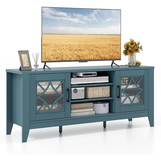 Farmhouse TV Stand For Up To 65 Inch TVs Teal Blue Storage