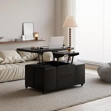 White Lift Top Coffee Table with Hidden Storage and 4 Stools Modern Multi-Function Folding Center Table on Casters