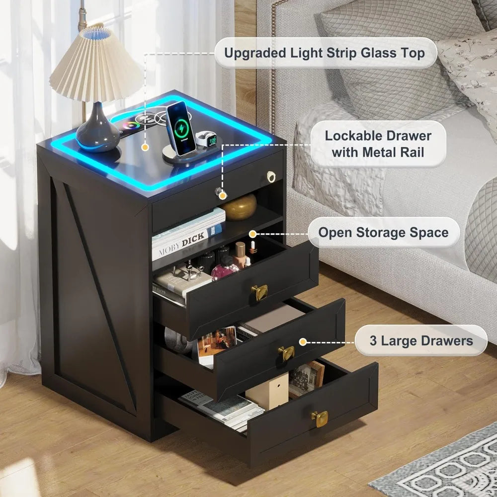 Modern LED Nightstand With 3 Drawers Glass Top And Wireless Charging