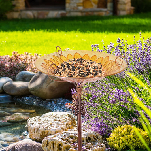 Glass Bird Bath With Metal Stake Bee Sunflower Design