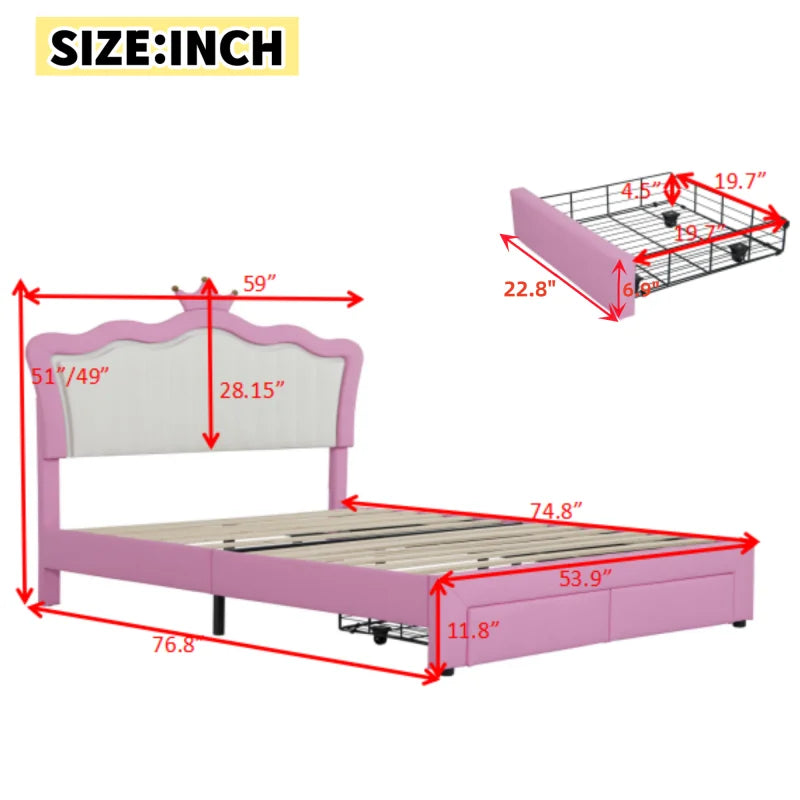 Full Size Padded Princess Bed Frame With LED Lights
