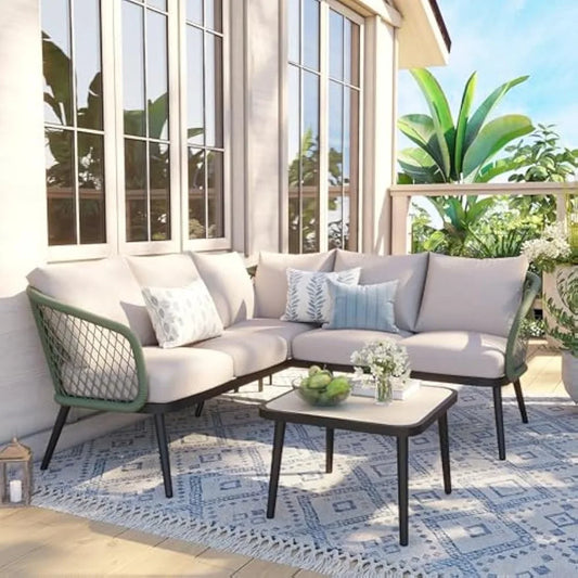 Orange 5 Seat L Shaped Wicker Patio Sofa Set With Table