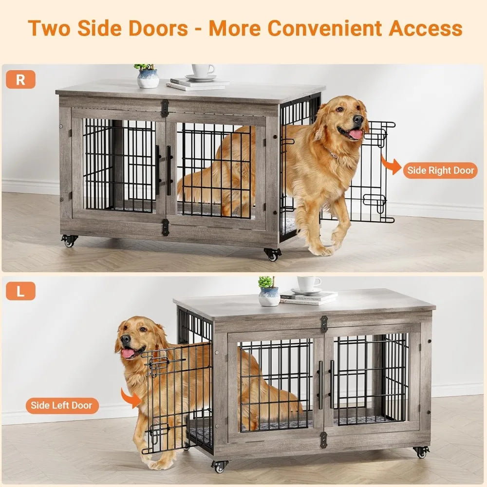 Wooden Double Door Dog Crate Set With Cushion Wheels