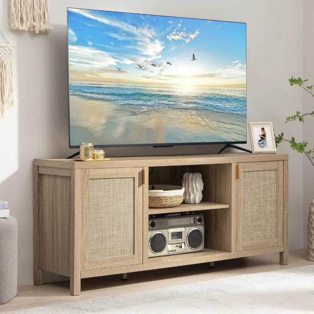 Rattan TV Stand 59 Inch Boho Console With Storage Shelf