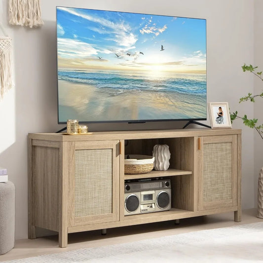 Rattan TV Stand 59 Inch Boho Console With Storage Shelf
