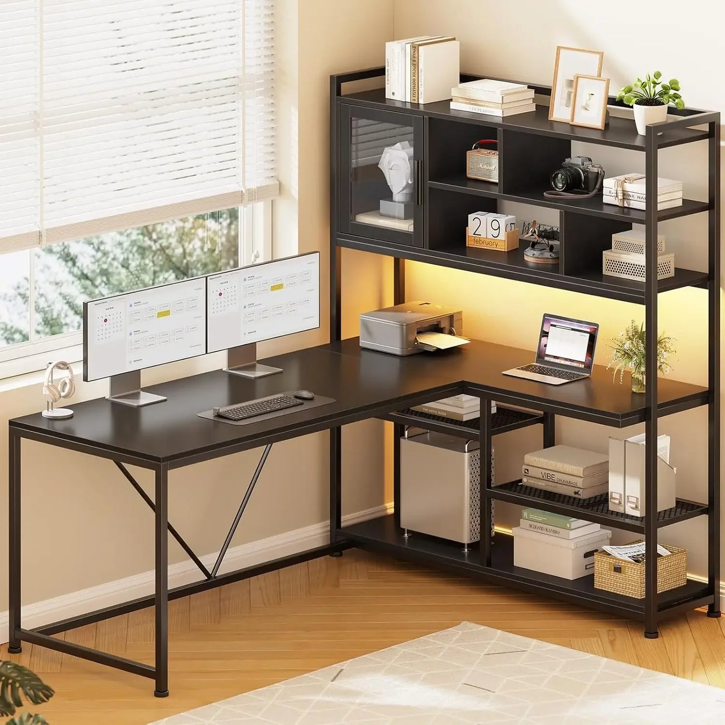 L Shaped Computer Desk 58 Inch Office Corner Desk With LED