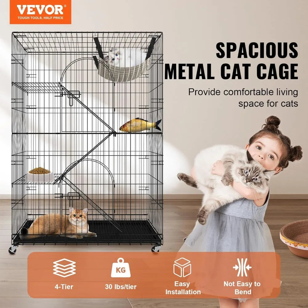 Closure 4 Tier Indoor Cat Cage Catio Enclosure On Wheels Large Lockable Cat Kennel Playpen