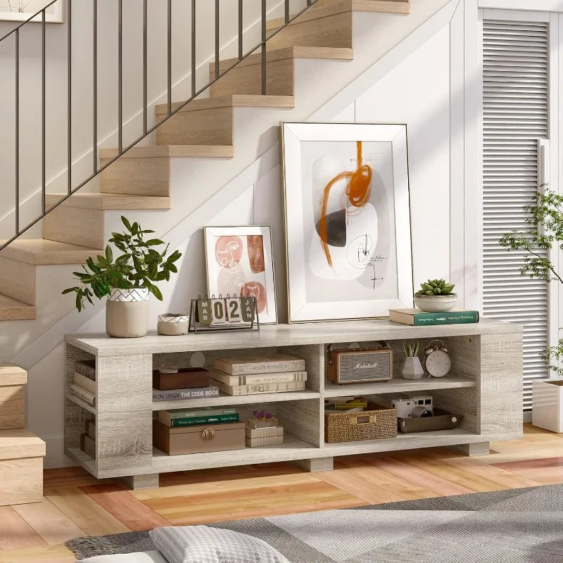 Tangkula Wood TV Stand for TVs up to 65 Inch Flat Screen,Modern Entertainment Center with 8 Open Shelves, (White Oak)