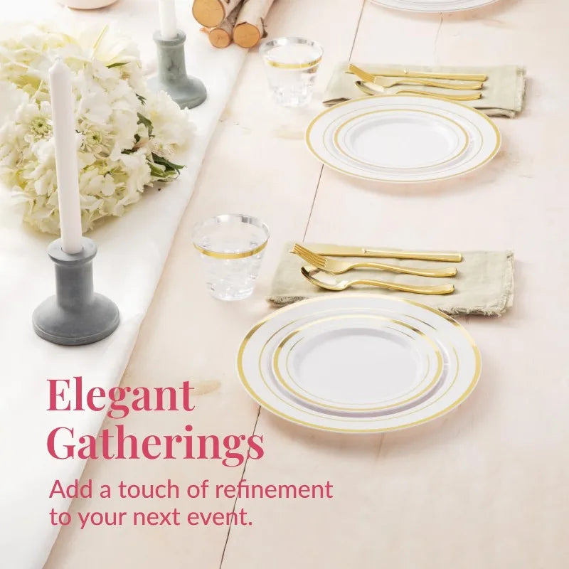 600 Piece Disposable Dinnerware Set 100 Guests Gold Cutlery