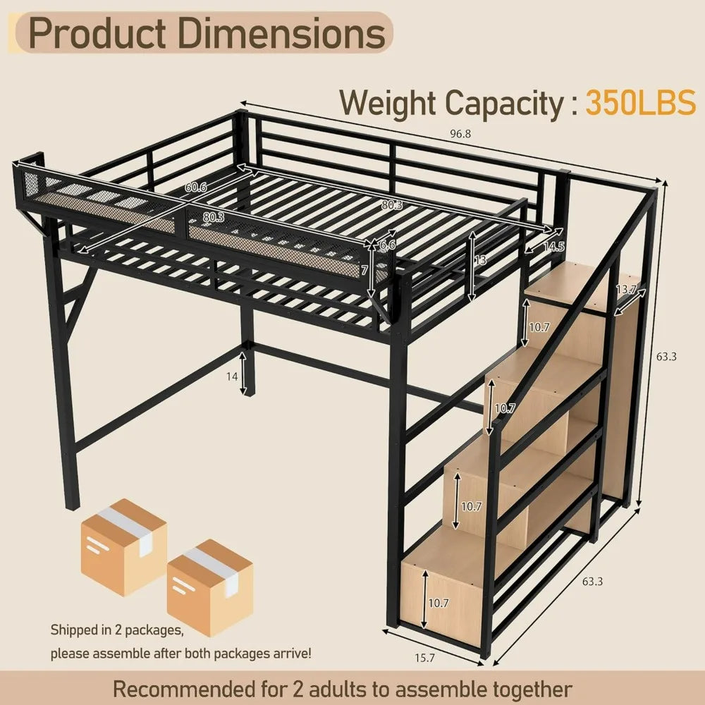 XMSJ Metal Loft Bed With Storage Stairs USBPorts Frame