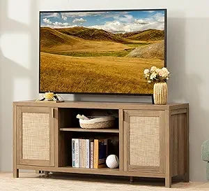 Rattan TV Stand 59 Inch Boho Console With Storage Shelf