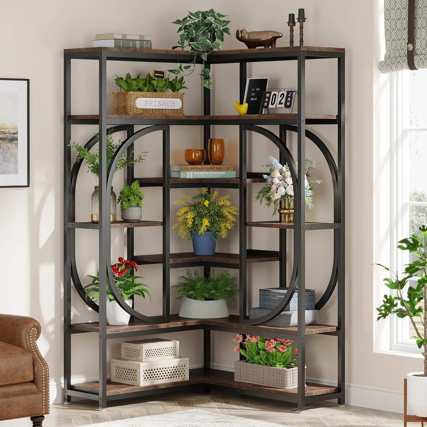 7 Shelf L Shaped Corner Bookshelf With Metal Frame Storage