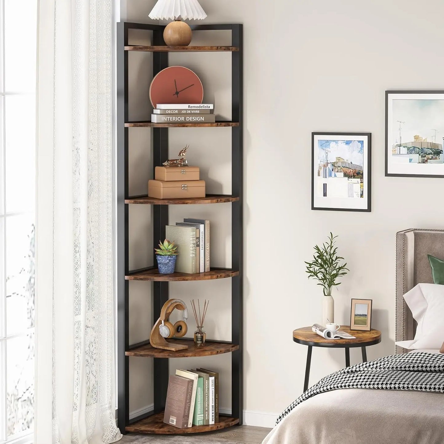 6 Tier Tall Corner Bookshelf With Storage Rack For Home
