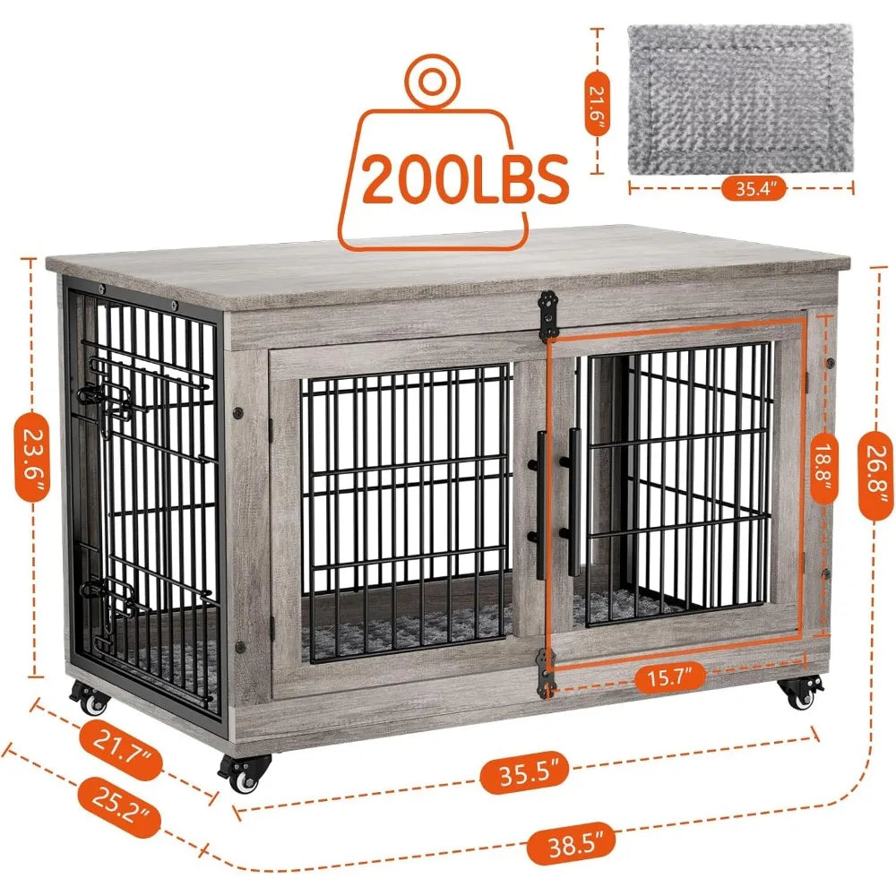 Wooden Double Door Dog Crate Set With Cushion Wheels
