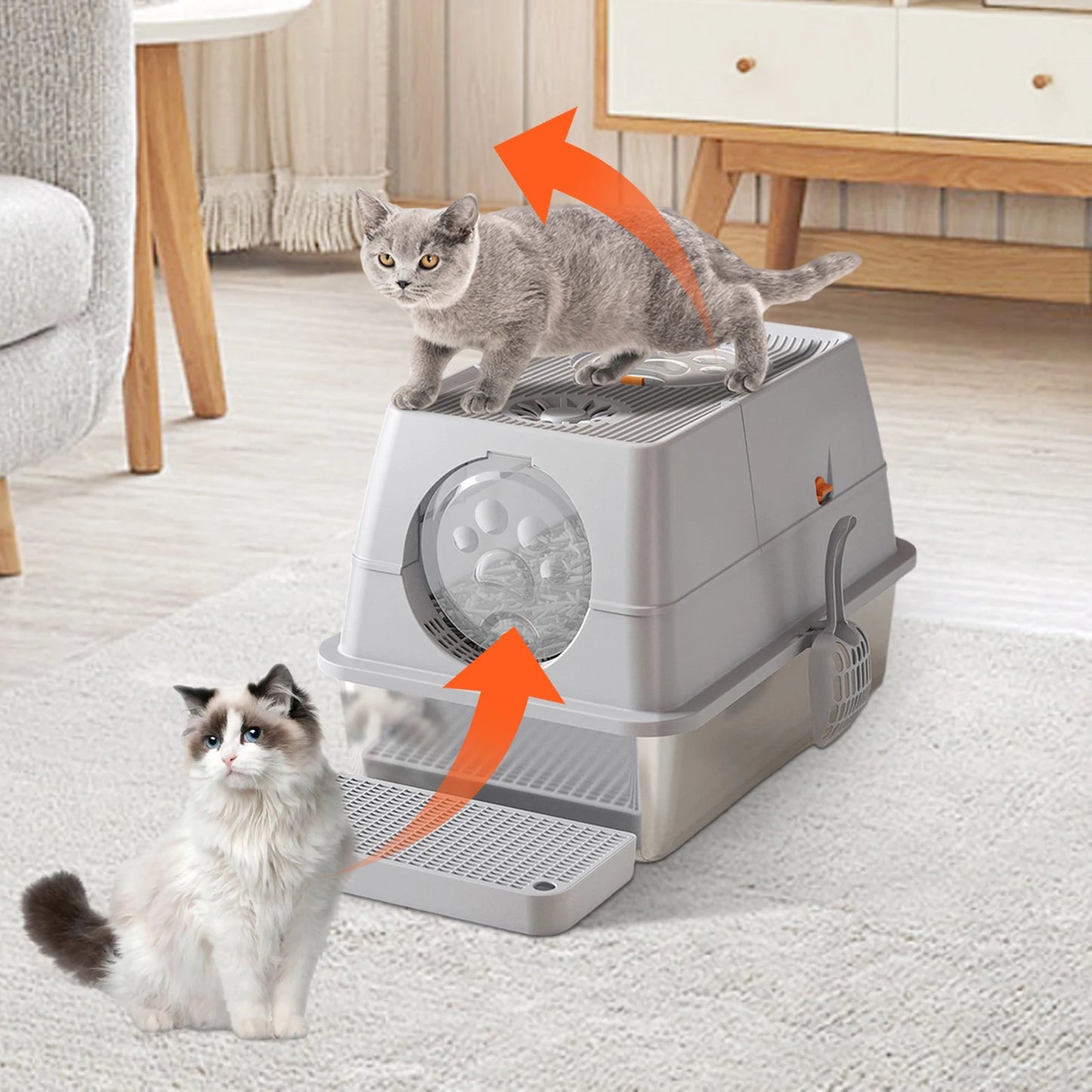 Feature Stainless Steel Cat Litter Box High Sided Enclosure