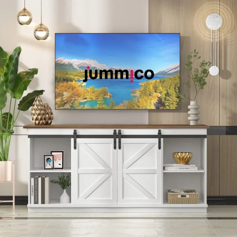 Jummico 65 Inch TV Stand With Sliding Barn Doors White