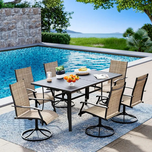 7 Piece Outdoor Dining Set With 6 Swivel Rocking Chairs