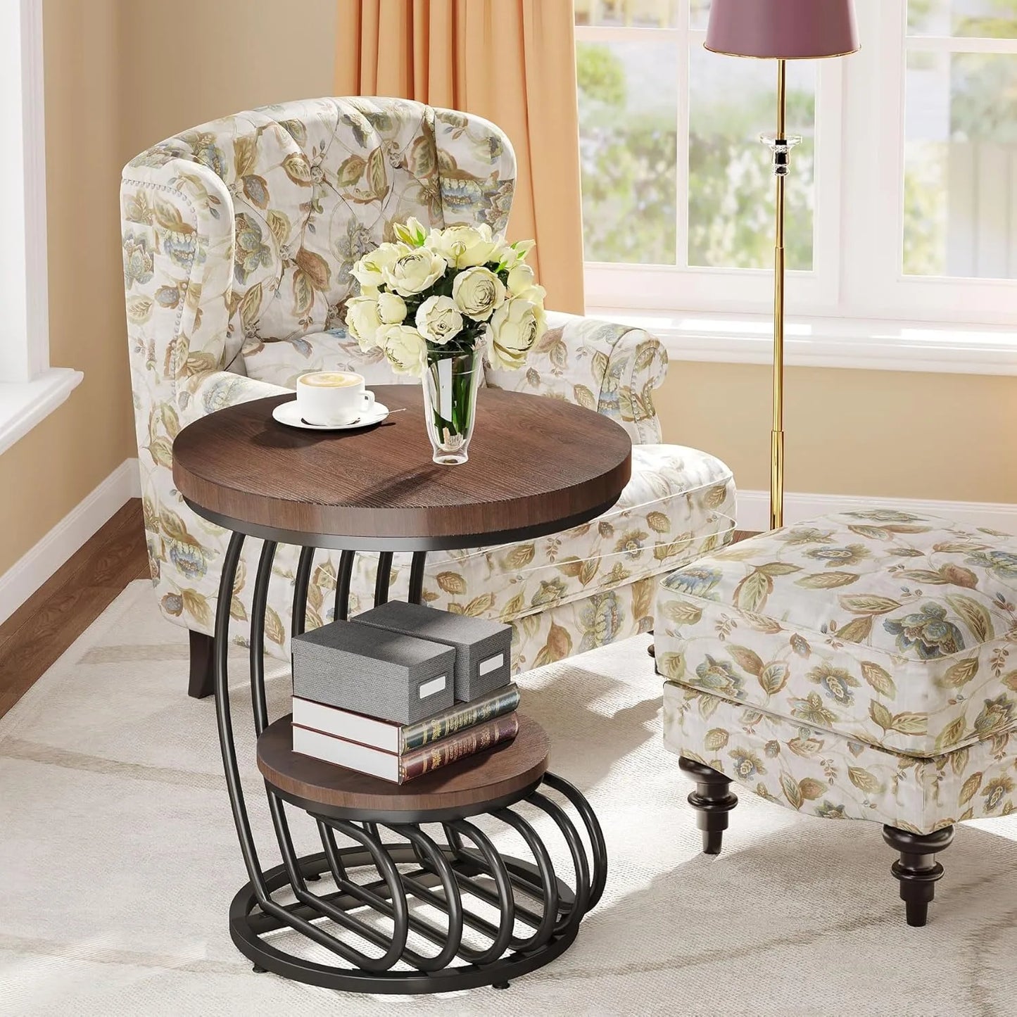 Round End Side Table with Two Tiers Storage Shelves Small Bedside Accent Table with Arc Shaped Frame
