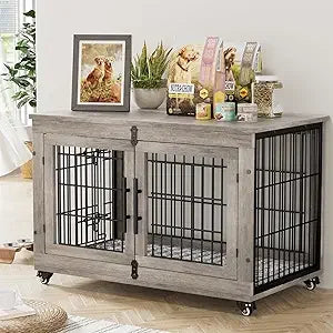 Wooden Double Door Dog Crate Set With Cushion Wheels